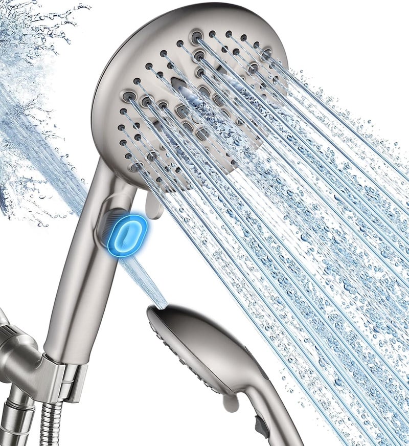 Cobbe High Pressure Shower Head with Built-in Pause Button, 9-Function Detachable Showerhead with Handheld Brass Swivel Bracket & Stainless Steel Hose, Water Saving 1-Click Stop, Brushed Nickel - Image 1